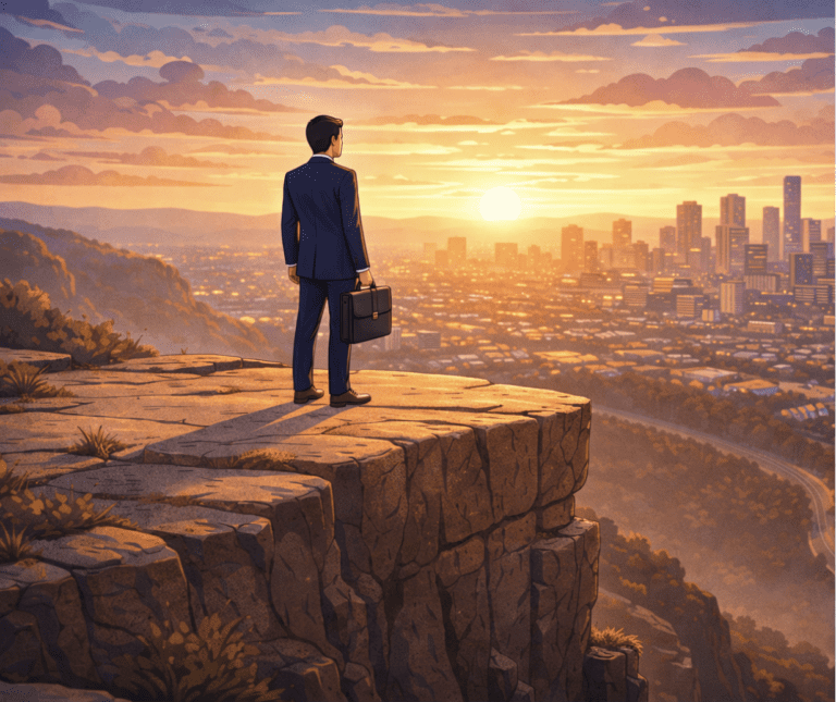 A person in a suit holding a briefcase stands on a cliff edge, overlooking a city skyline at sunset.